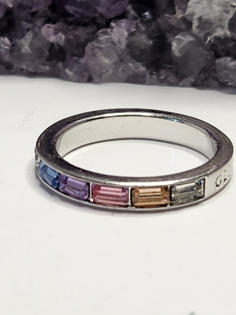 Olivia Burton Plated Silver Rainbow Baguette Swarovski Crystal Stackable Ring